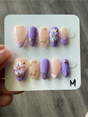 Handcrafted Purple & Nude Floral Press-On Nails